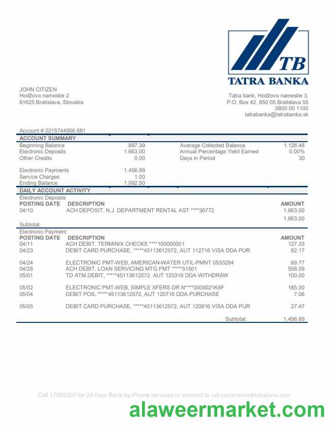 Slovakia Tatra Bank proof of address statement template in Word and PDF format